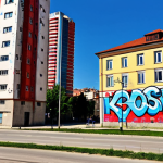 **

"Pristina cityscape, blending Ottoman-era architecture with modern skyscrapers, vibrant graffiti art on walls, Kosovo flag, sunny day, street photography."

**
