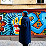 A professional local artist, fully clothed in modest, appropriate work attire, stands in a vibrant, sunlit alleyway in Pristina, Kosovo. The background features a large, colorful, and powerful mural or graffiti art covering the wall. The artist is looking thoughtfully at the artwork, perhaps with a paintbrush subtly visible, emphasizing their creative role. The scene reflects the city's dynamic street art scene and youthful energy. Professional photography, high detail, sharp focus, natural lighting, perfect anatomy, correct proportions, natural pose, well-formed hands, proper finger count, natural body proportions, safe for work, appropriate content, fully clothed, professional, family-friendly.