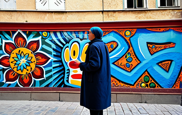 A professional local artist, fully clothed in modest, appropriate work attire, stands in a vibrant, sunlit alleyway in Pristina, Kosovo. The background features a large, colorful, and powerful mural or graffiti art covering the wall. The artist is looking thoughtfully at the artwork, perhaps with a paintbrush subtly visible, emphasizing their creative role. The scene reflects the city's dynamic street art scene and youthful energy. Professional photography, high detail, sharp focus, natural lighting, perfect anatomy, correct proportions, natural pose, well-formed hands, proper finger count, natural body proportions, safe for work, appropriate content, fully clothed, professional, family-friendly.